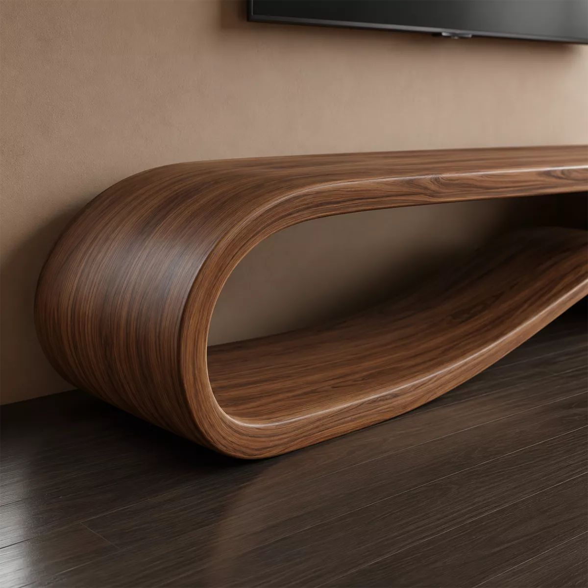 Sculptural Solid Wood TV Cabinet With Wave Open Base Side Shelf And Natural Wood Grain For Modern Living Room