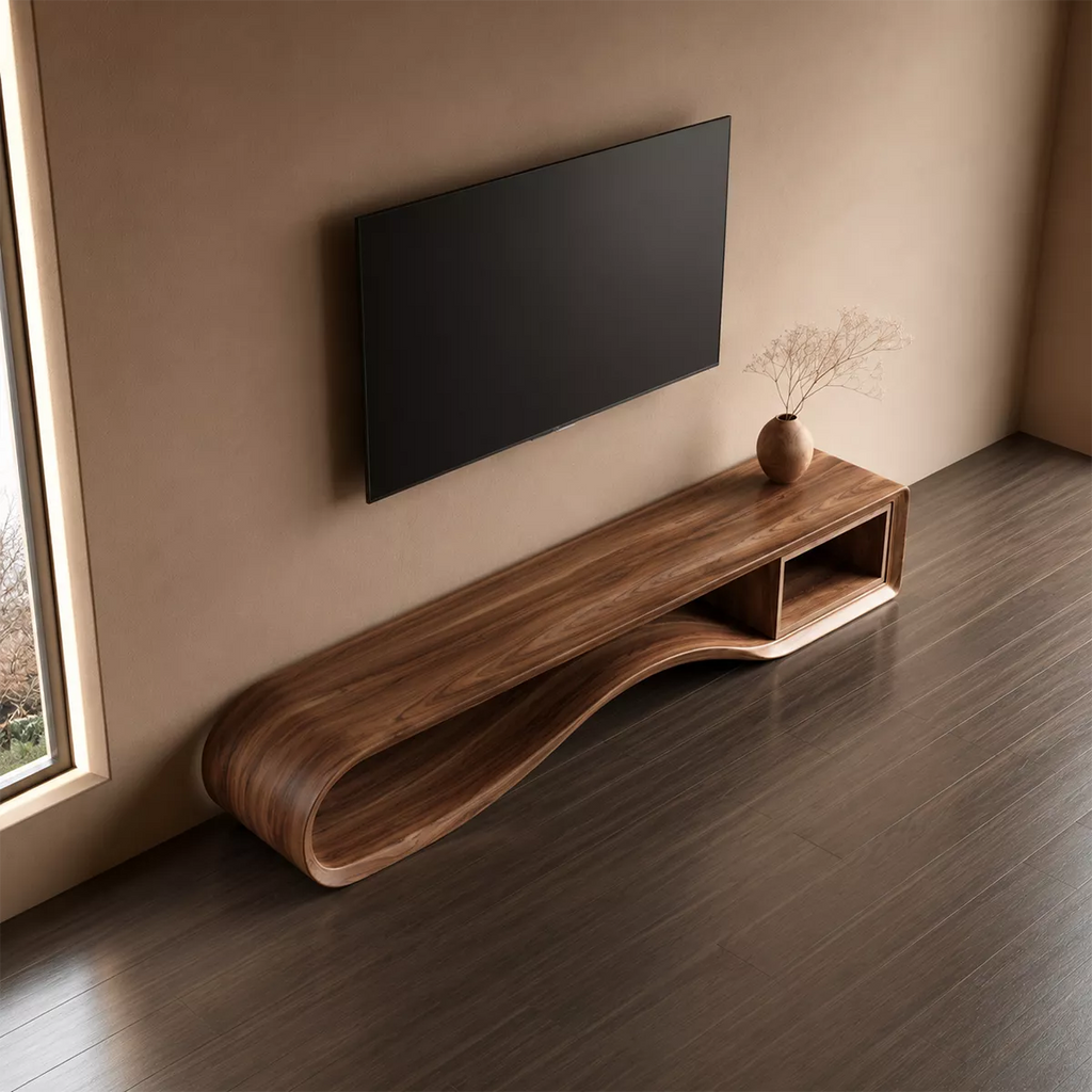 Sculptural Solid Wood TV Cabinet With Wave Open Base Side Shelf And Natural Wood Grain For Modern Living Room