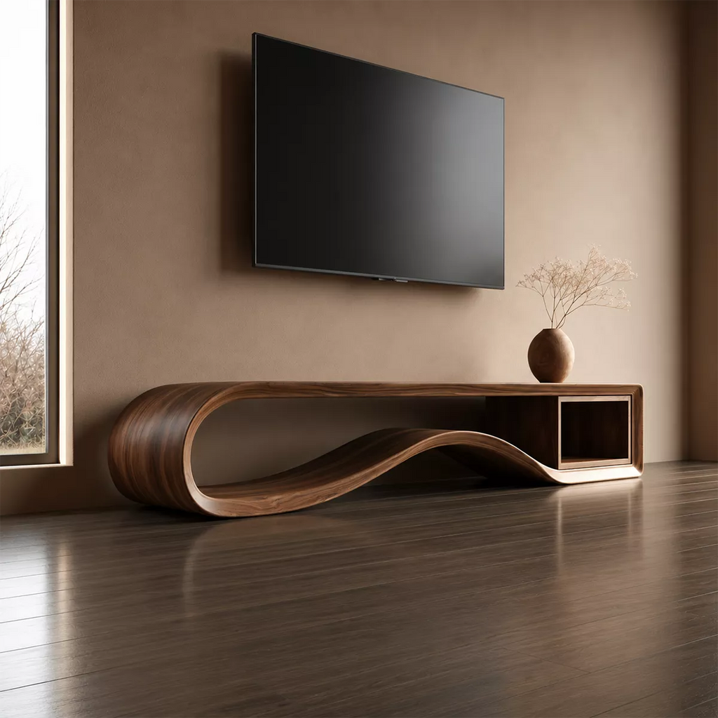 Sculptural Solid Wood TV Cabinet With Wave Open Base Side Shelf And Natural Wood Grain For Modern Living Room