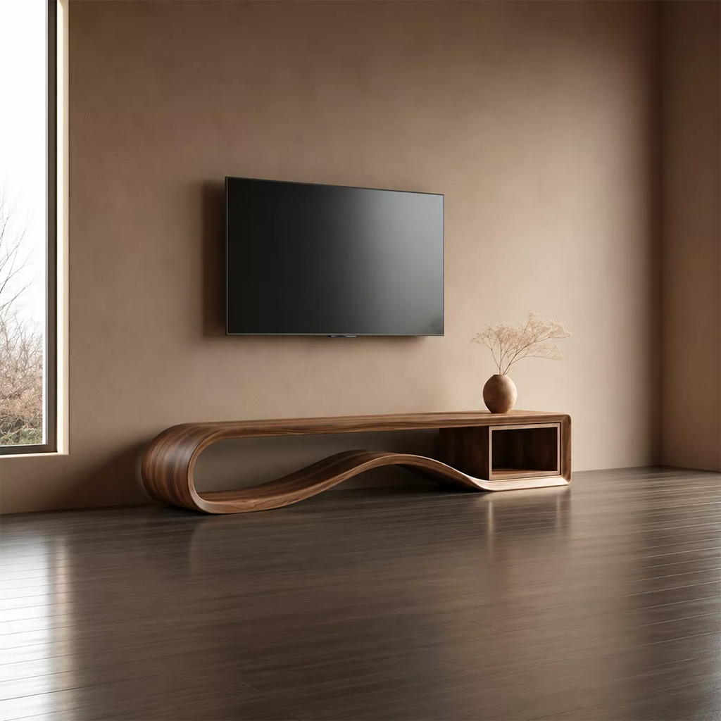 Sculptural Solid Wood TV Cabinet With Wave Open Base Side Shelf And Natural Wood Grain For Modern Living Room