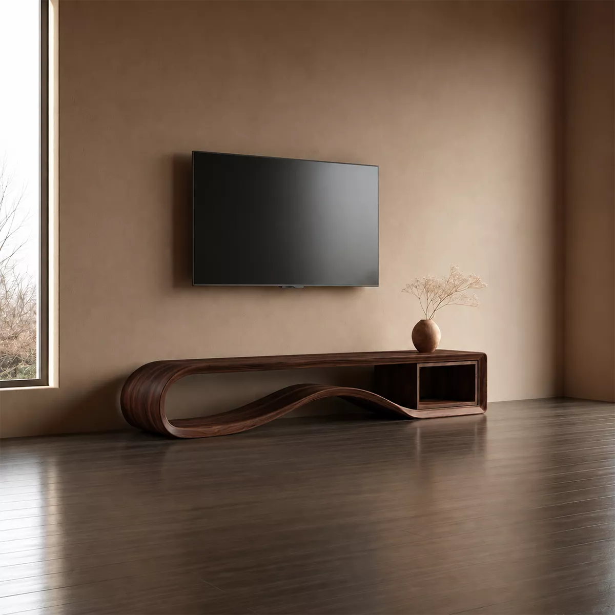 Sculptural Solid Wood TV Cabinet With Wave Open Base Side Shelf And Natural Wood Grain For Modern Living Room