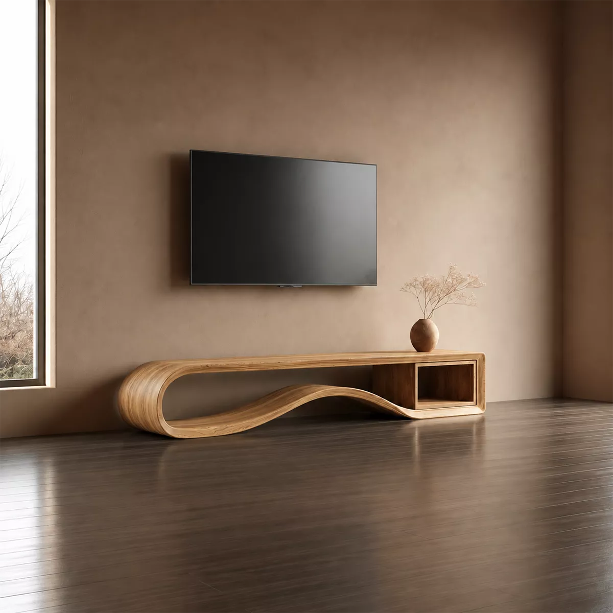 Sculptural Solid Wood TV Cabinet With Wave Open Base Side Shelf And Natural Wood Grain For Modern Living Room