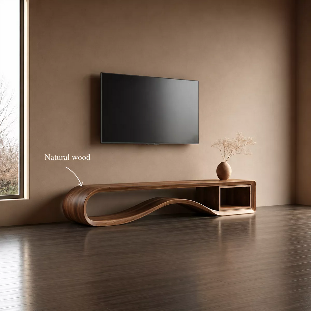 Sculptural Solid Wood TV Cabinet With Wave Open Base Side Shelf And Natural Wood Grain For Modern Living Room