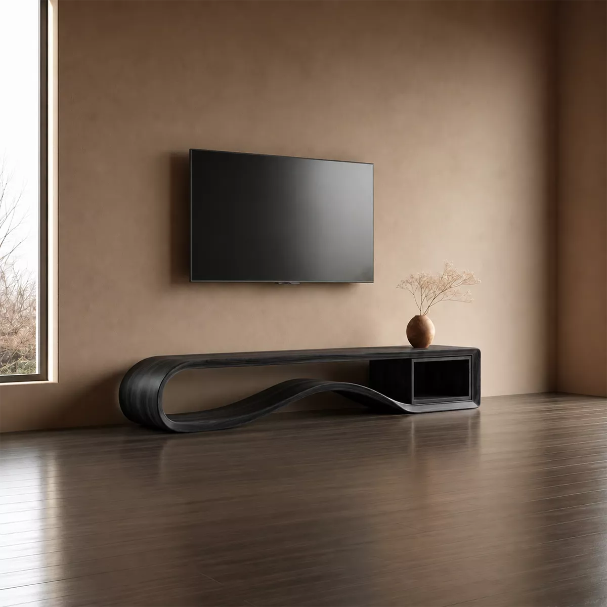 Sculptural Solid Wood TV Cabinet With Wave Open Base Side Shelf And Natural Wood Grain For Modern Living Room
