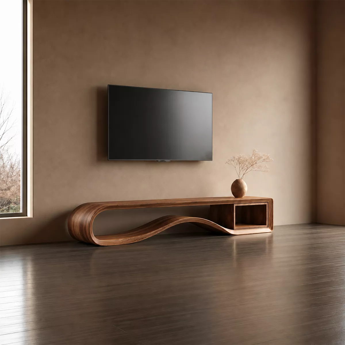 Sculptural Solid Wood TV Cabinet With Wave Open Base Side Shelf And Natural Wood Grain For Modern Living Room