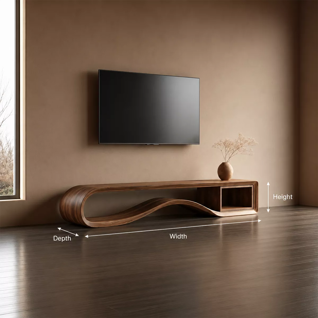 Sculptural Solid Wood TV Cabinet With Wave Open Base Side Shelf And Natural Wood Grain For Modern Living Room