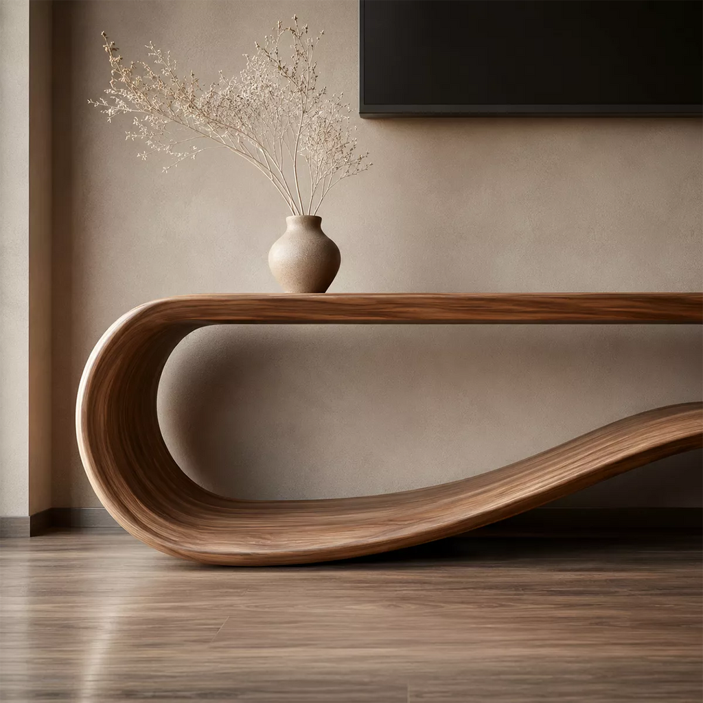 Sculptural Solid Wood TV Cabinet With Wave Open Base Side Storage Shelf And Natural Wood Grain For Modern Living Room