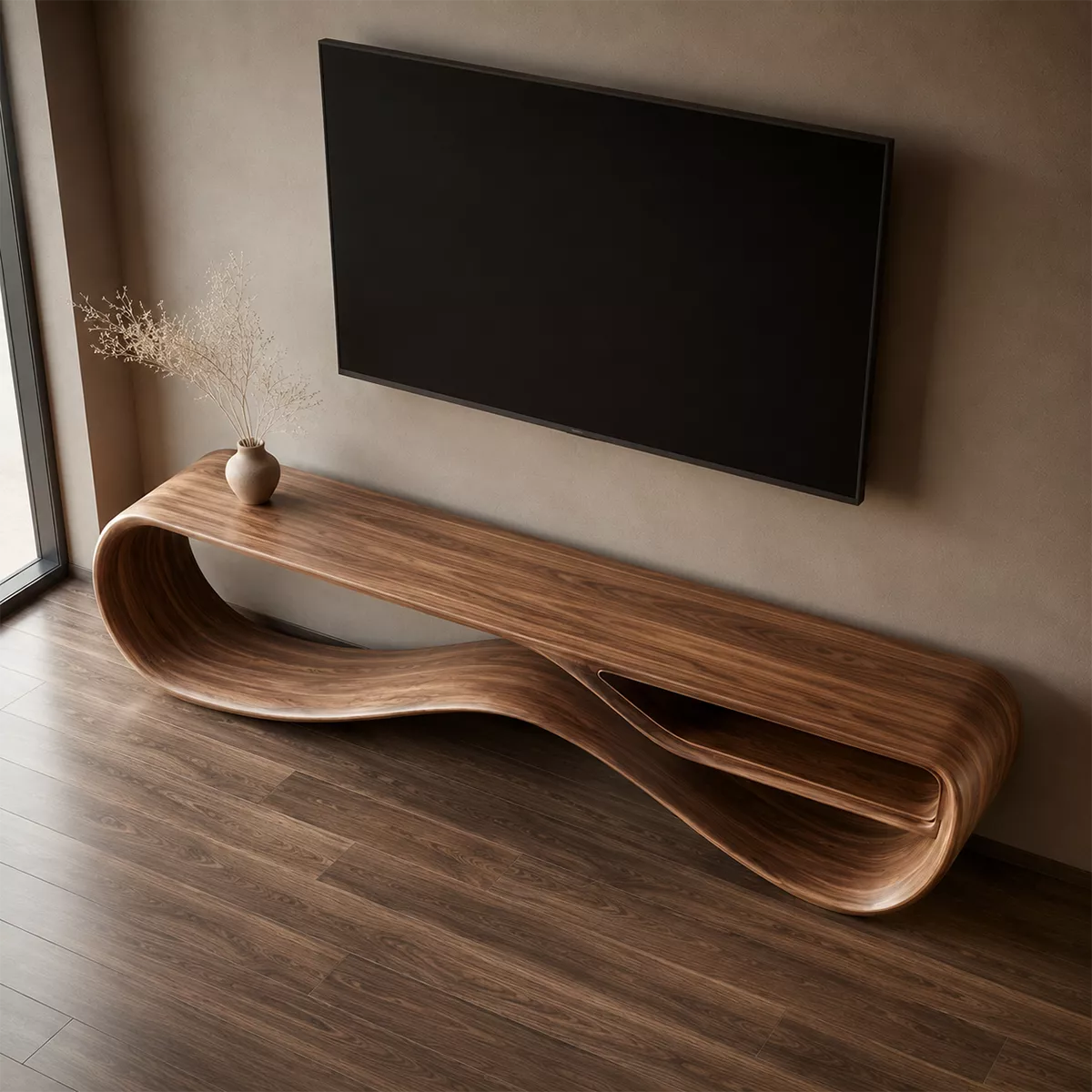 Sculptural Solid Wood TV Cabinet With Wave Open Base Side Storage Shelf And Natural Wood Grain For Modern Living Room