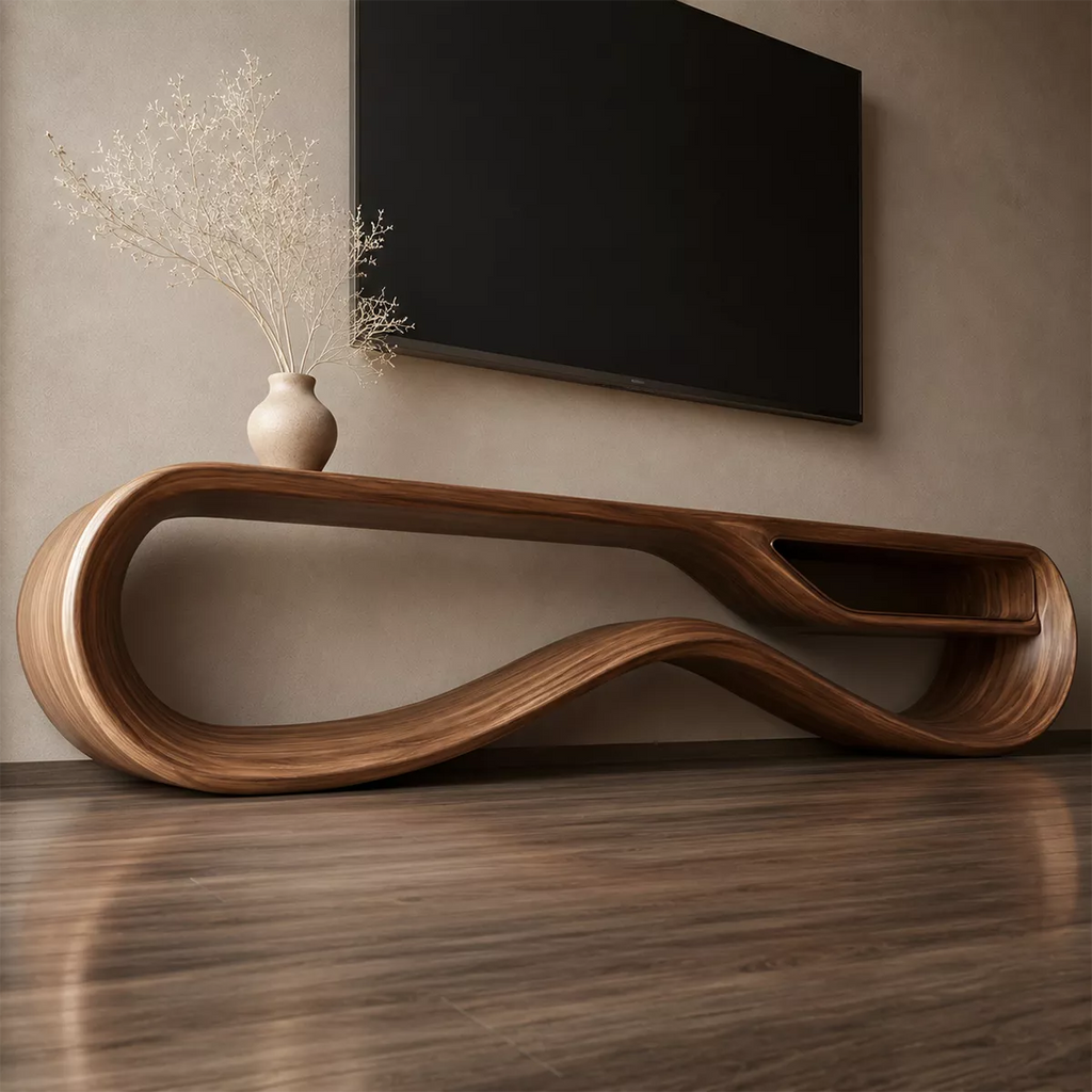 Sculptural Solid Wood TV Cabinet With Wave Open Base Side Storage Shelf And Natural Wood Grain For Modern Living Room