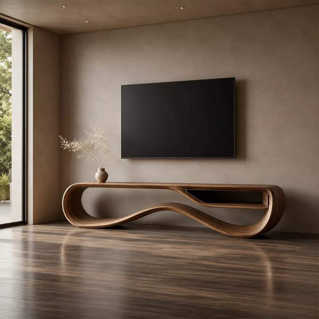 Sculptural Solid Wood TV Cabinet With Wave Open Base Side Storage Shelf And Natural Wood Grain For Modern Living Room