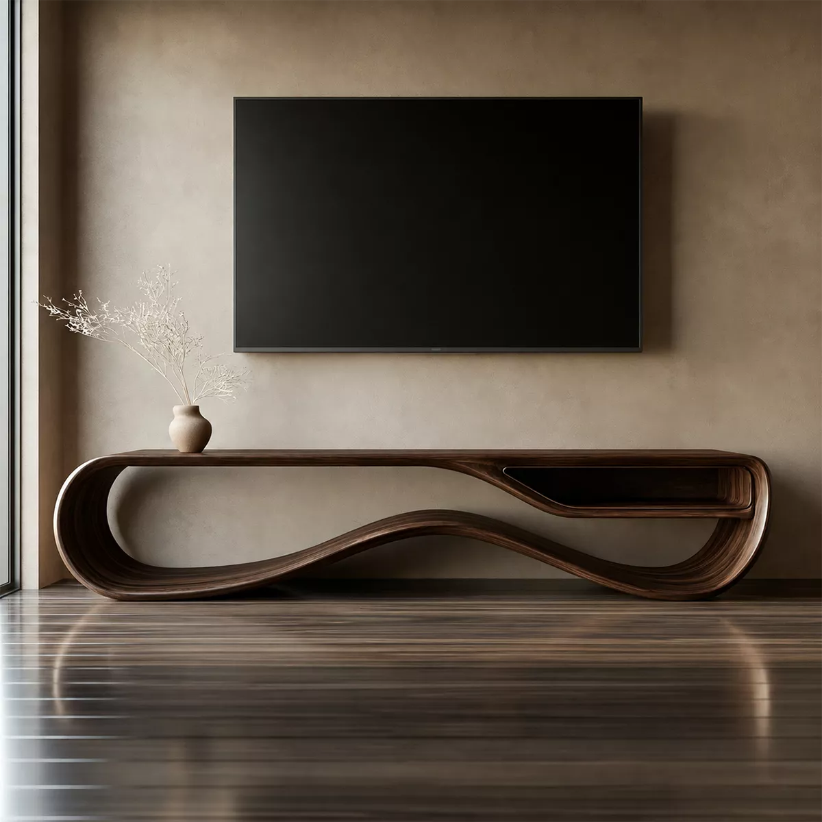 Sculptural Solid Wood TV Cabinet With Wave Open Base Side Storage Shelf And Natural Wood Grain For Modern Living Room