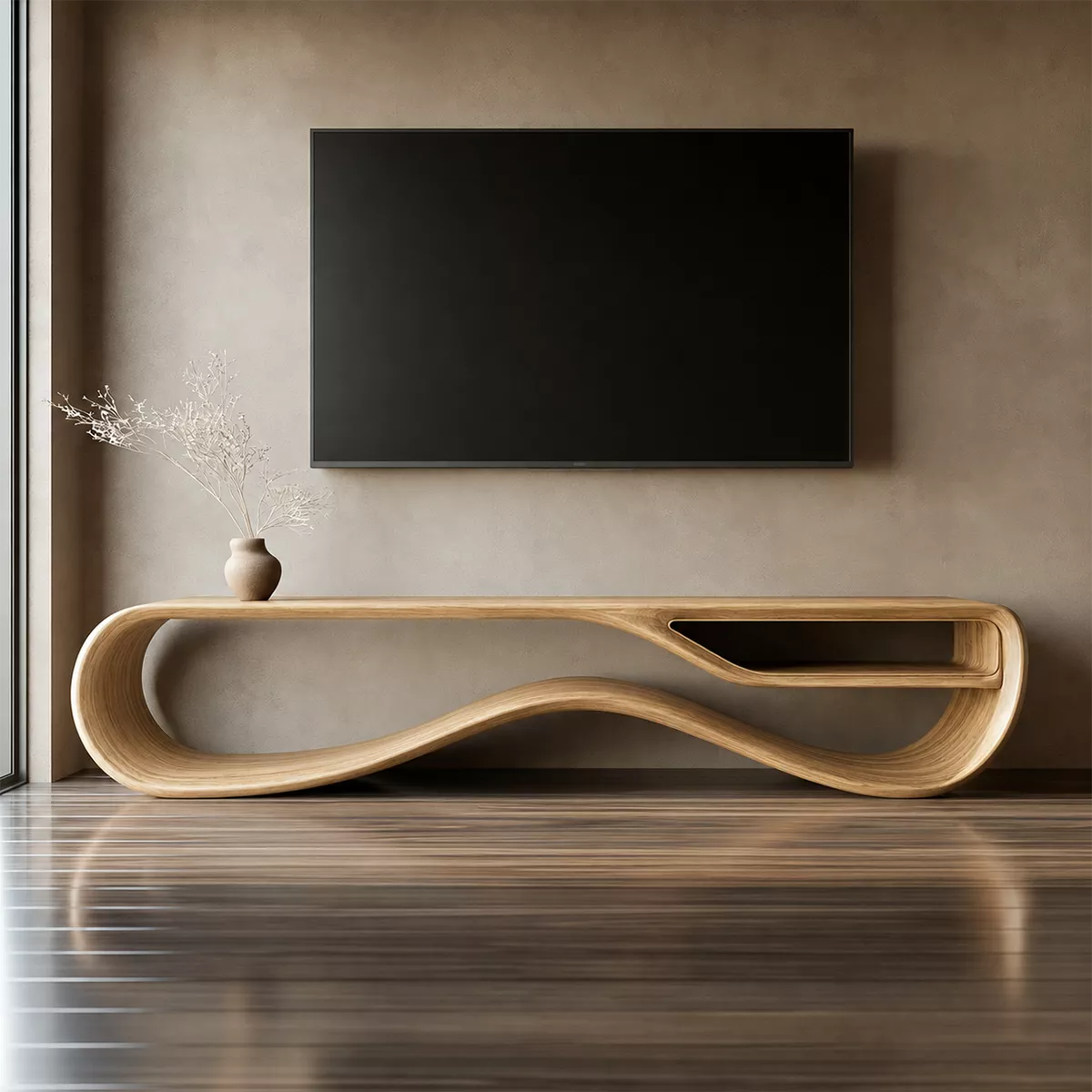 Sculptural Solid Wood TV Cabinet With Wave Open Base Side Storage Shelf And Natural Wood Grain For Modern Living Room