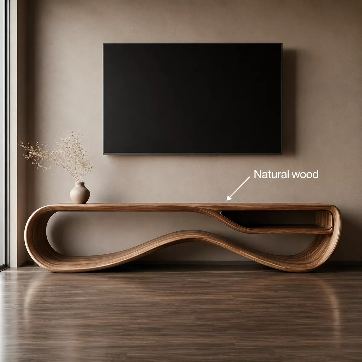 Sculptural Solid Wood TV Cabinet With Wave Open Base Side Storage Shelf And Natural Wood Grain For Modern Living Room