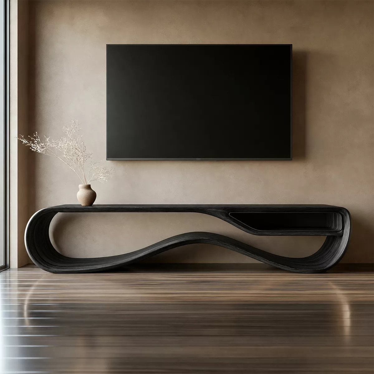 Sculptural Solid Wood TV Cabinet With Wave Open Base Side Storage Shelf And Natural Wood Grain For Modern Living Room