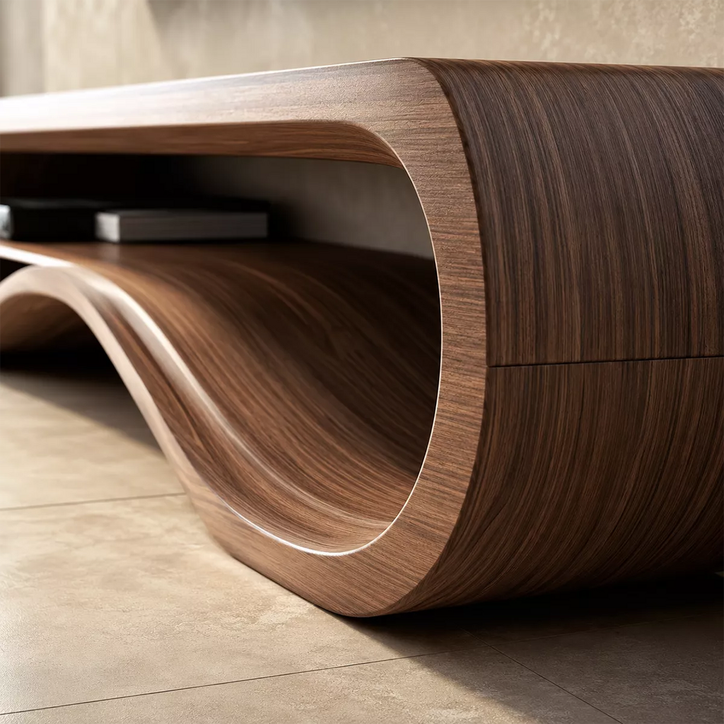 Sculptural Solid Wood TV Cabinet With Wave Open Shelf Rounded Waterfall Sides And Natural Wood Grain For Modern Living Room