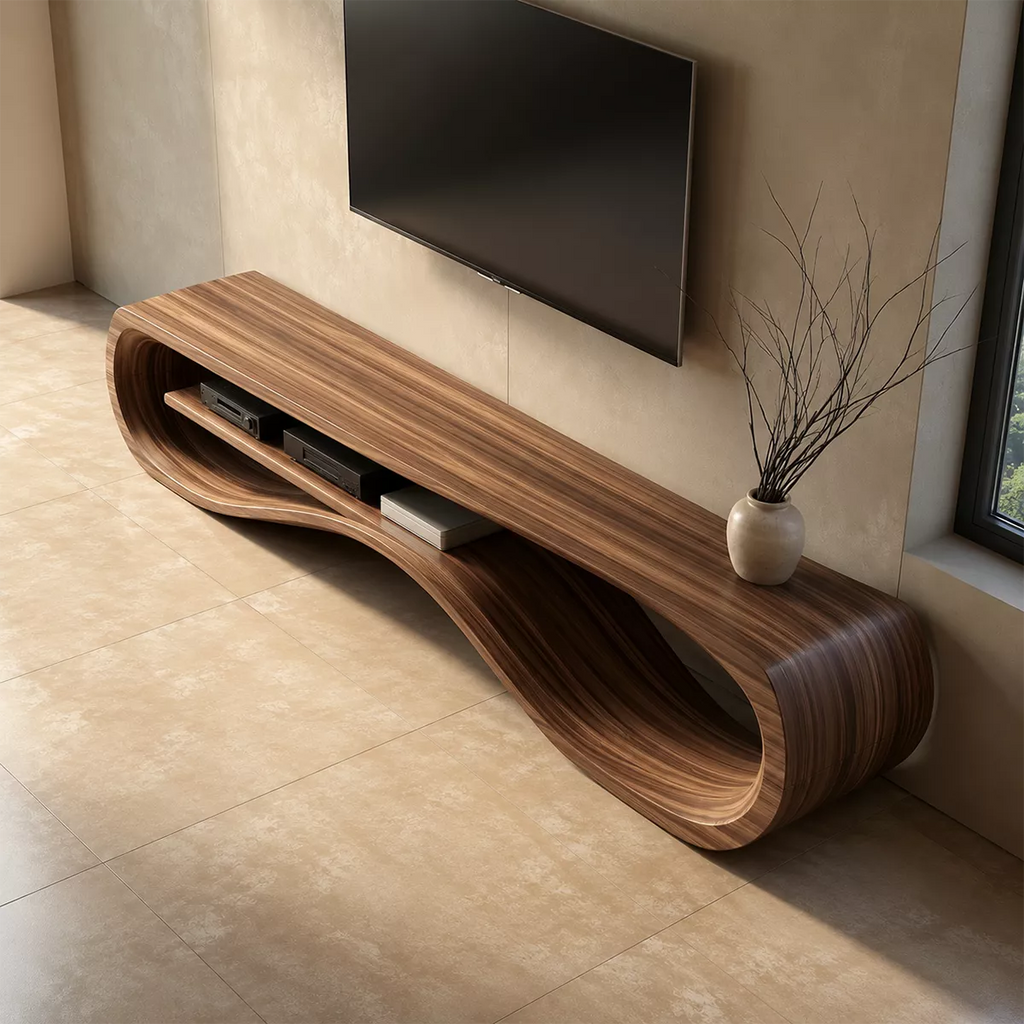 Sculptural Solid Wood TV Cabinet With Wave Open Shelf Rounded Waterfall Sides And Natural Wood Grain For Modern Living Room