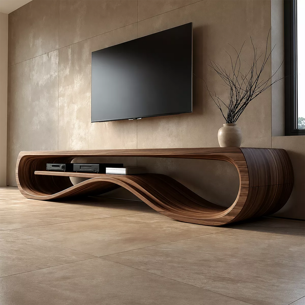 Sculptural Solid Wood TV Cabinet With Wave Open Shelf Rounded Waterfall Sides And Natural Wood Grain For Modern Living Room