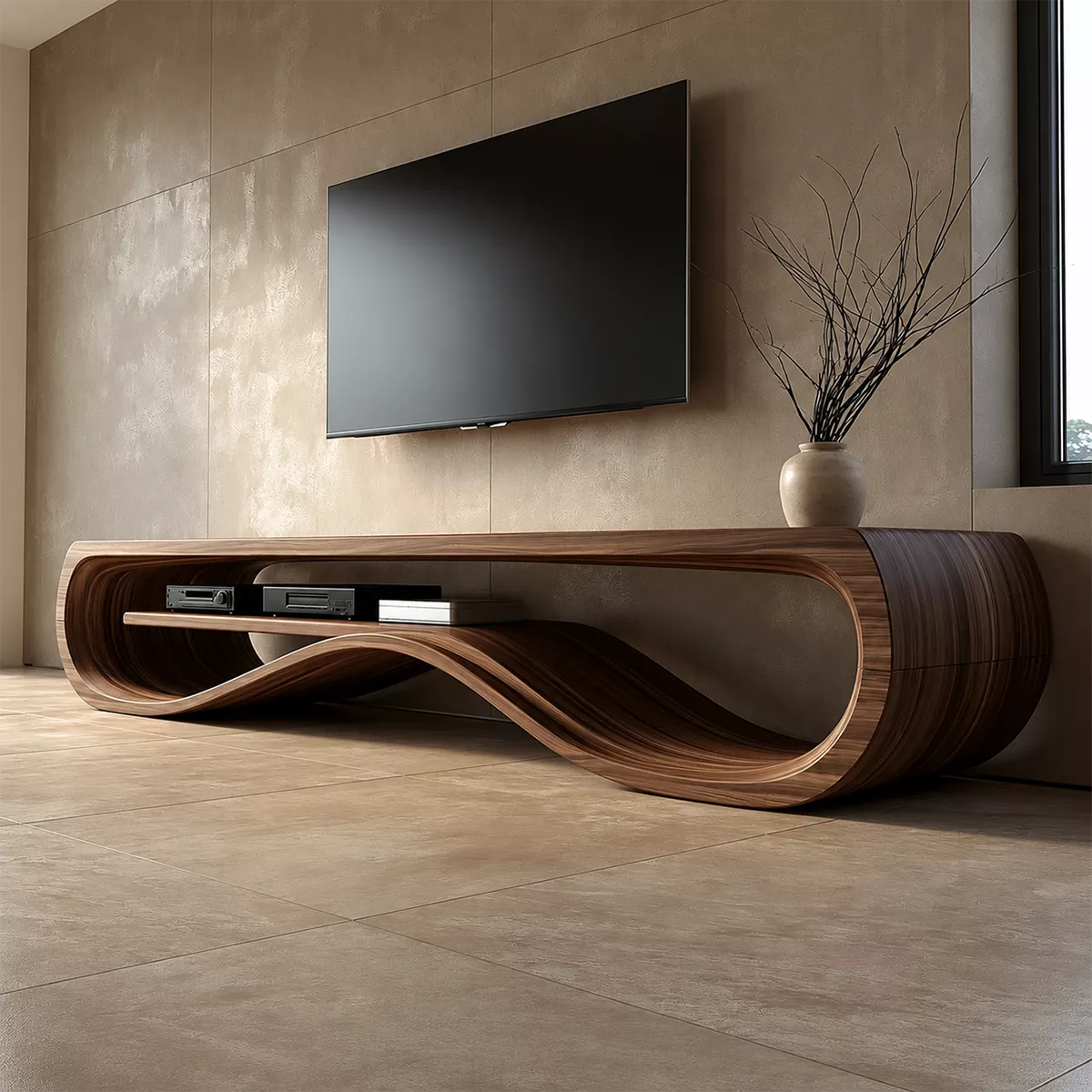Sculptural Solid Wood TV Cabinet With Wave Open Shelf Rounded Waterfall Sides And Natural Wood Grain For Modern Living Room