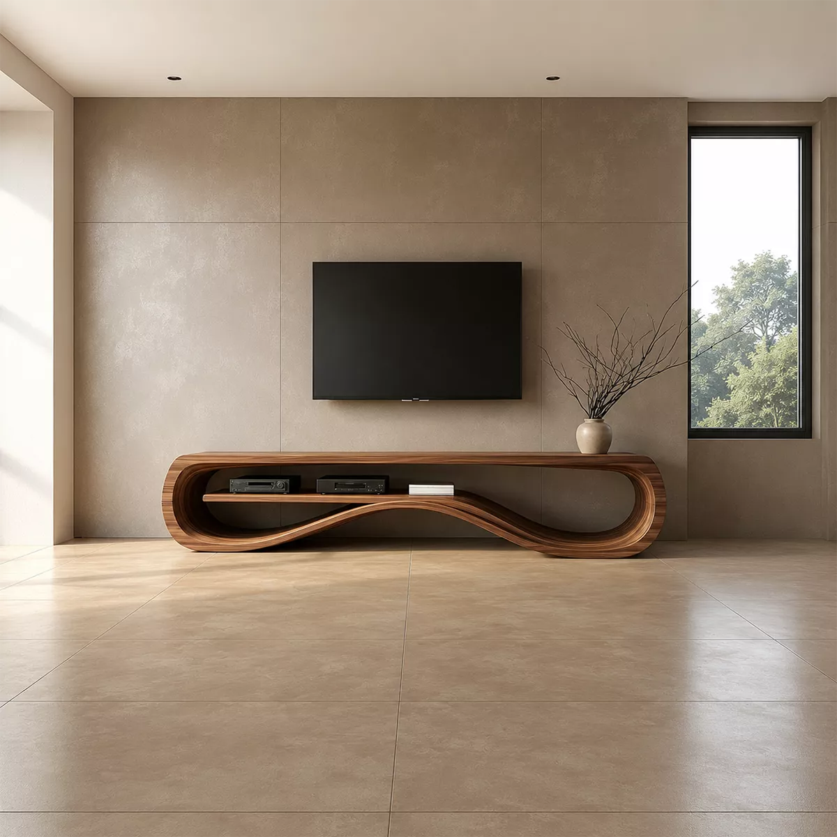 Sculptural Solid Wood TV Cabinet With Wave Open Shelf Rounded Waterfall Sides And Natural Wood Grain For Modern Living Room