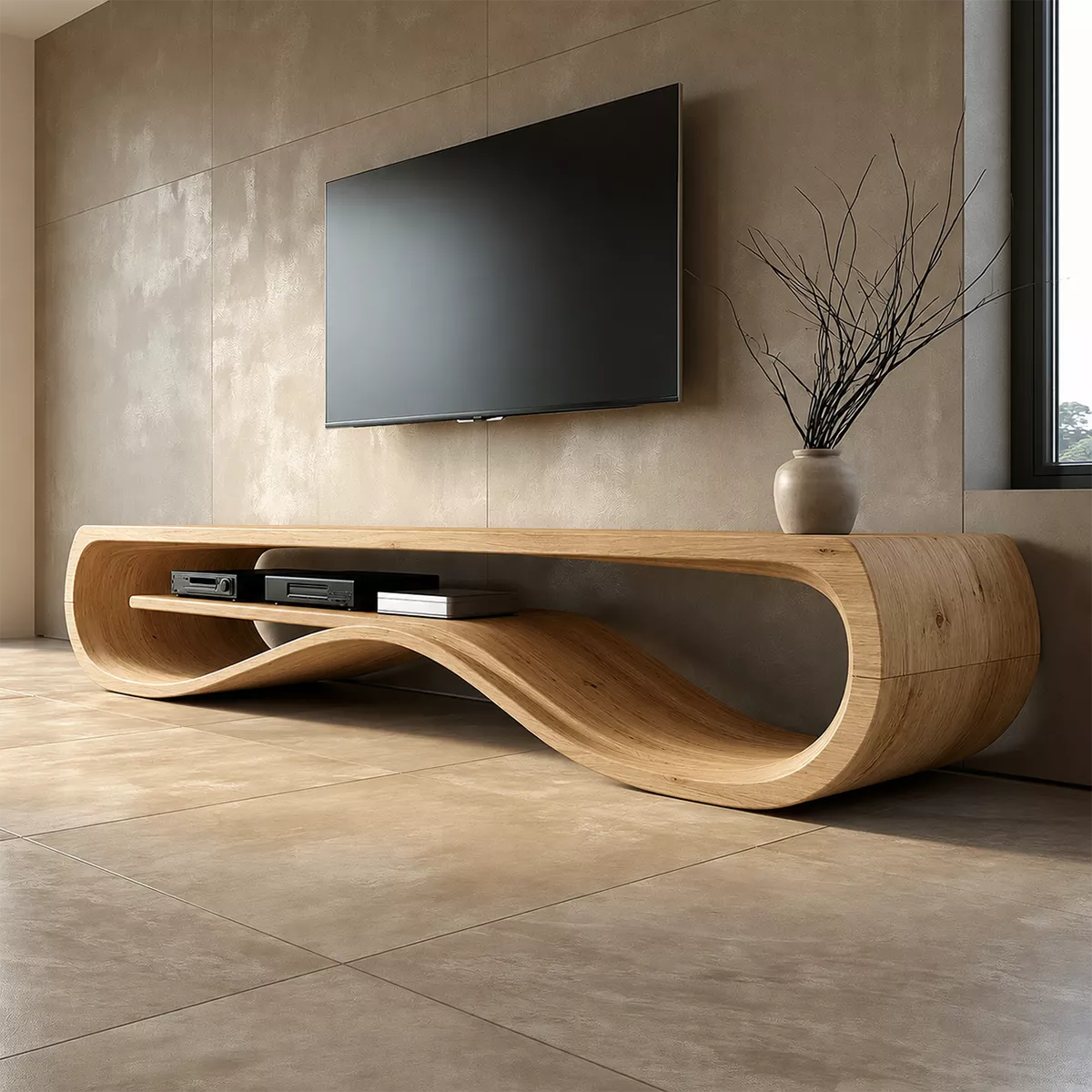 Sculptural Solid Wood TV Cabinet With Wave Open Shelf Rounded Waterfall Sides And Natural Wood Grain For Modern Living Room