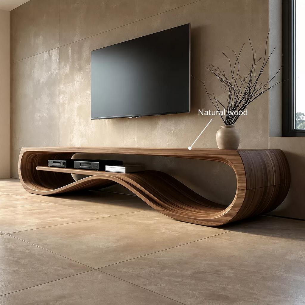 Sculptural Solid Wood TV Cabinet With Wave Open Shelf Rounded Waterfall Sides And Natural Wood Grain For Modern Living Room
