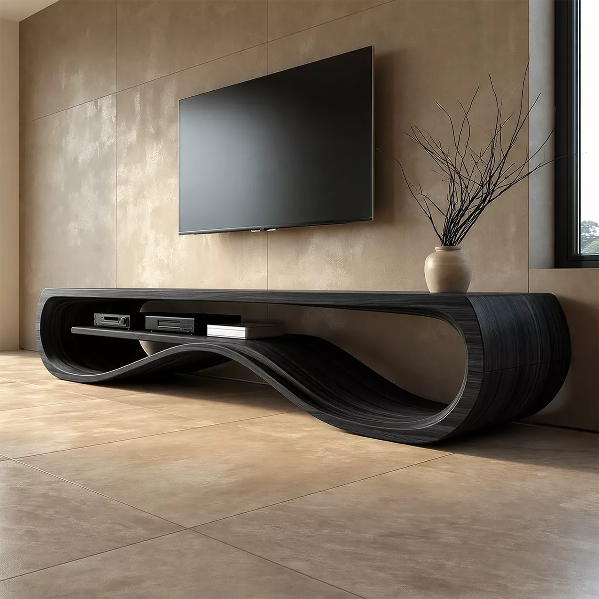 Sculptural Solid Wood TV Cabinet With Wave Open Shelf Rounded Waterfall Sides And Natural Wood Grain For Modern Living Room