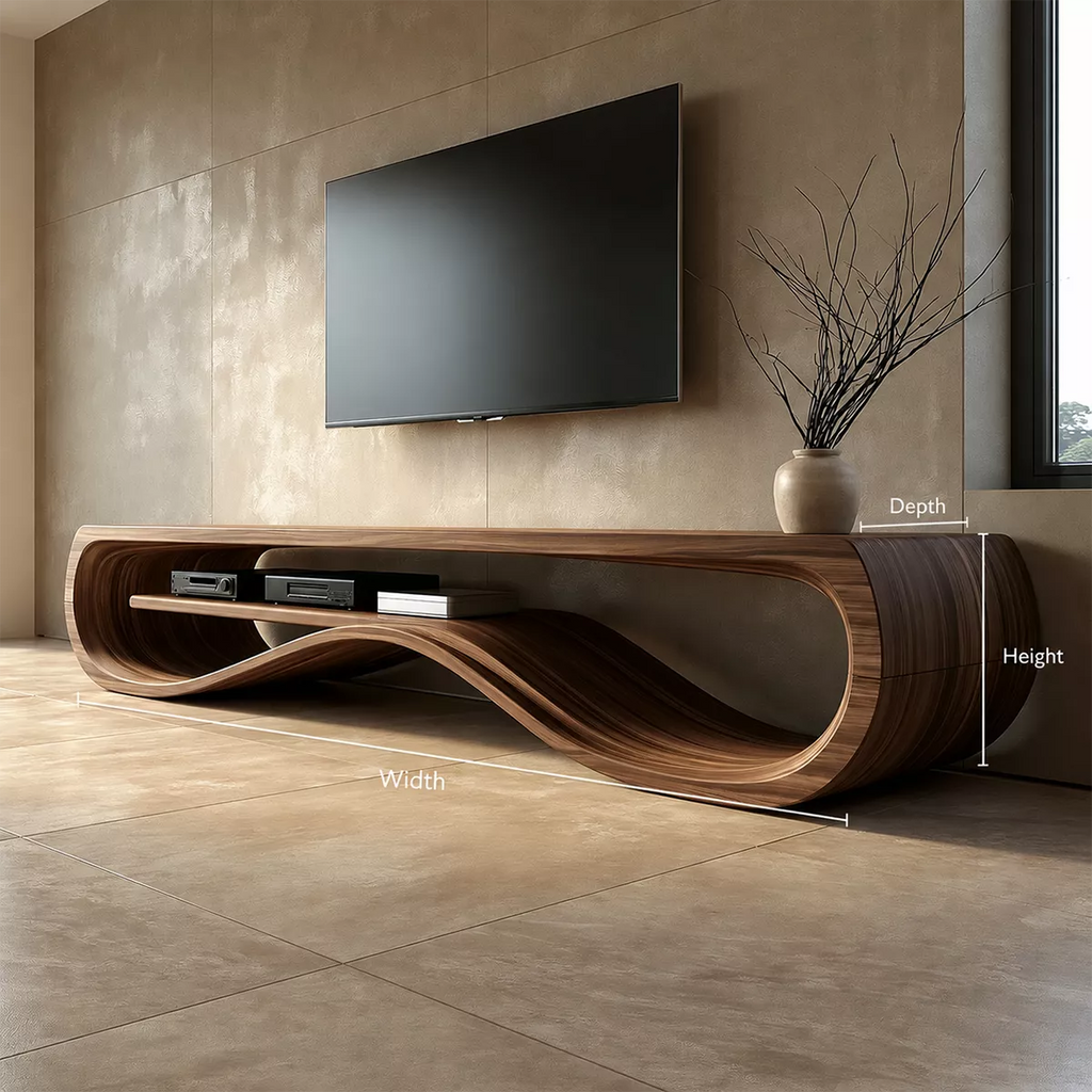 Sculptural Solid Wood TV Cabinet With Wave Open Shelf Rounded Waterfall Sides And Natural Wood Grain For Modern Living Room