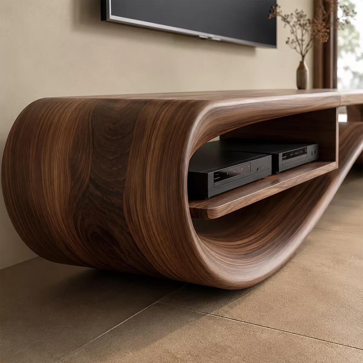 Contemporary Sculptural Wood TV Stand For Living Room