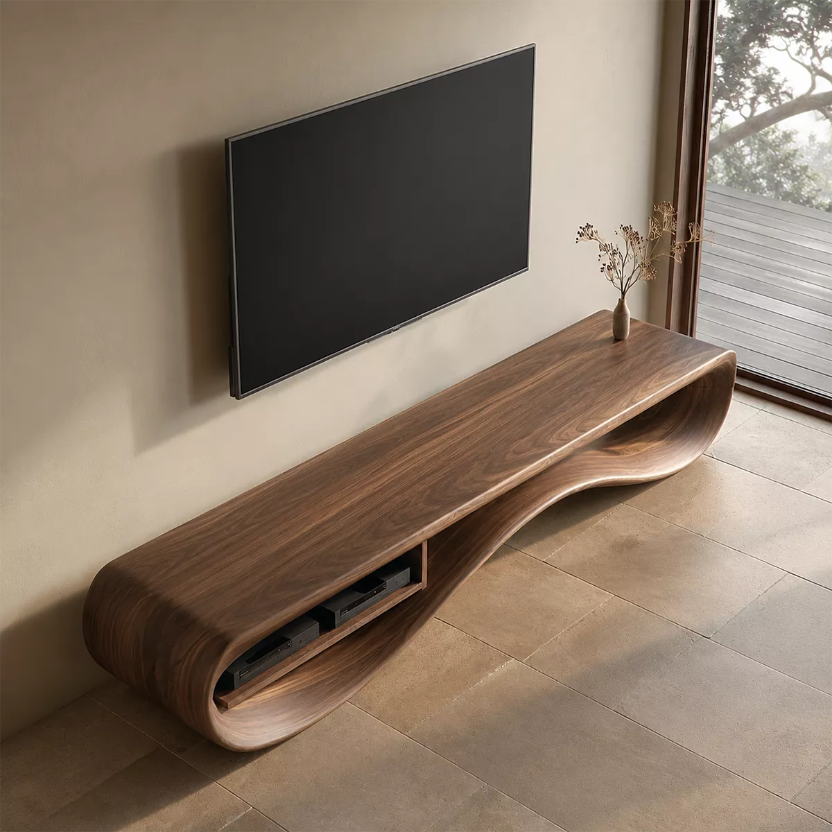 Contemporary Sculptural Wood TV Stand For Living Room