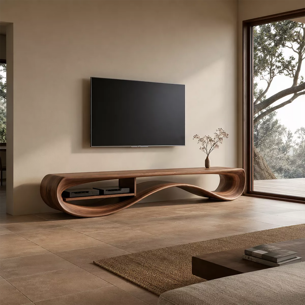 Contemporary Sculptural Wood TV Stand For Living Room