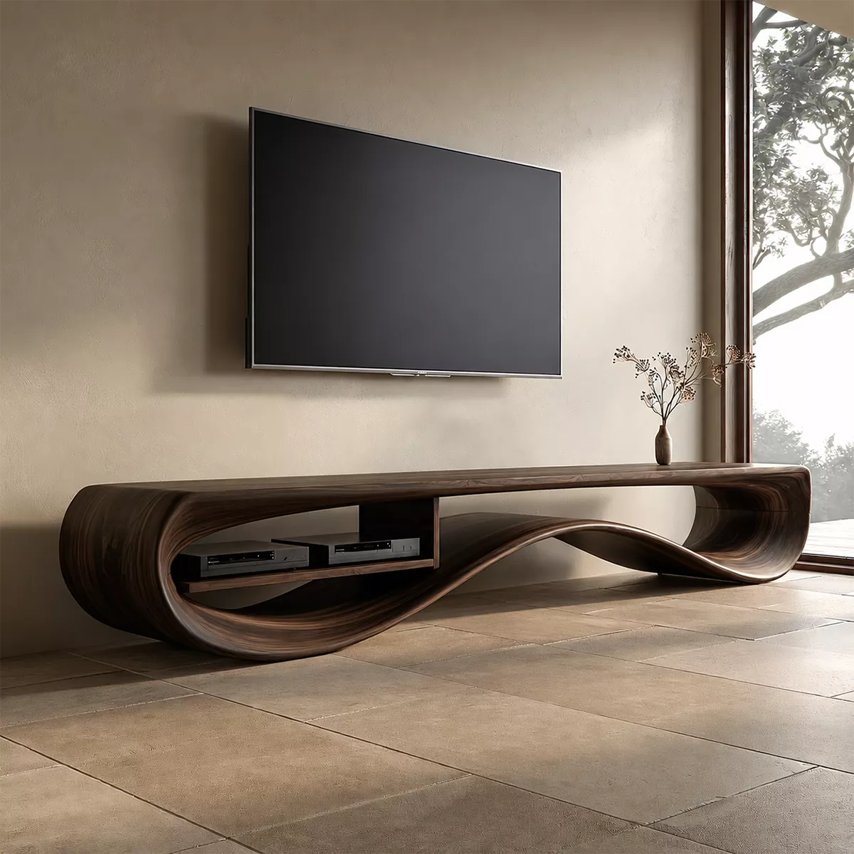 Contemporary Sculptural Wood TV Stand For Living Room