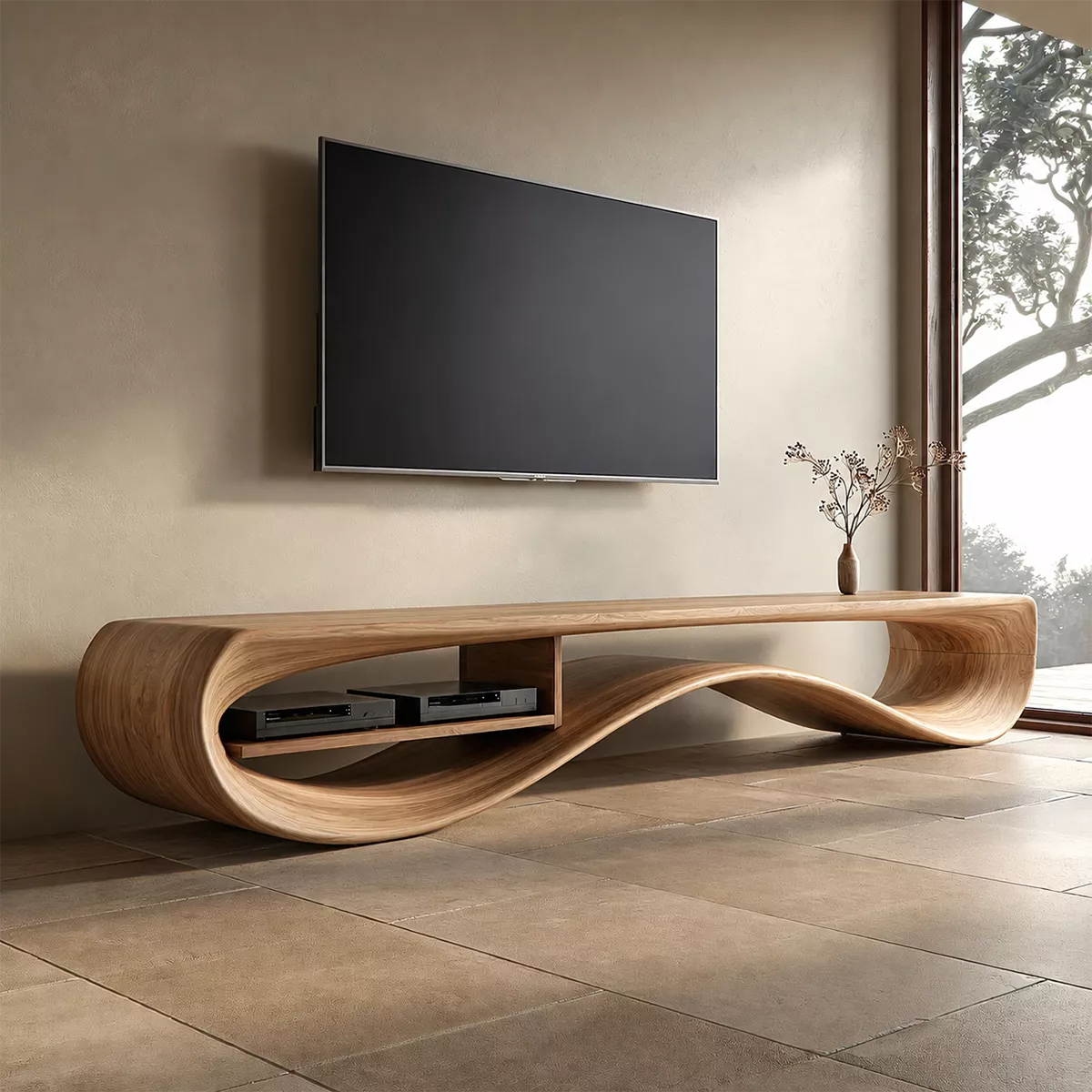 Contemporary Sculptural Wood TV Stand For Living Room