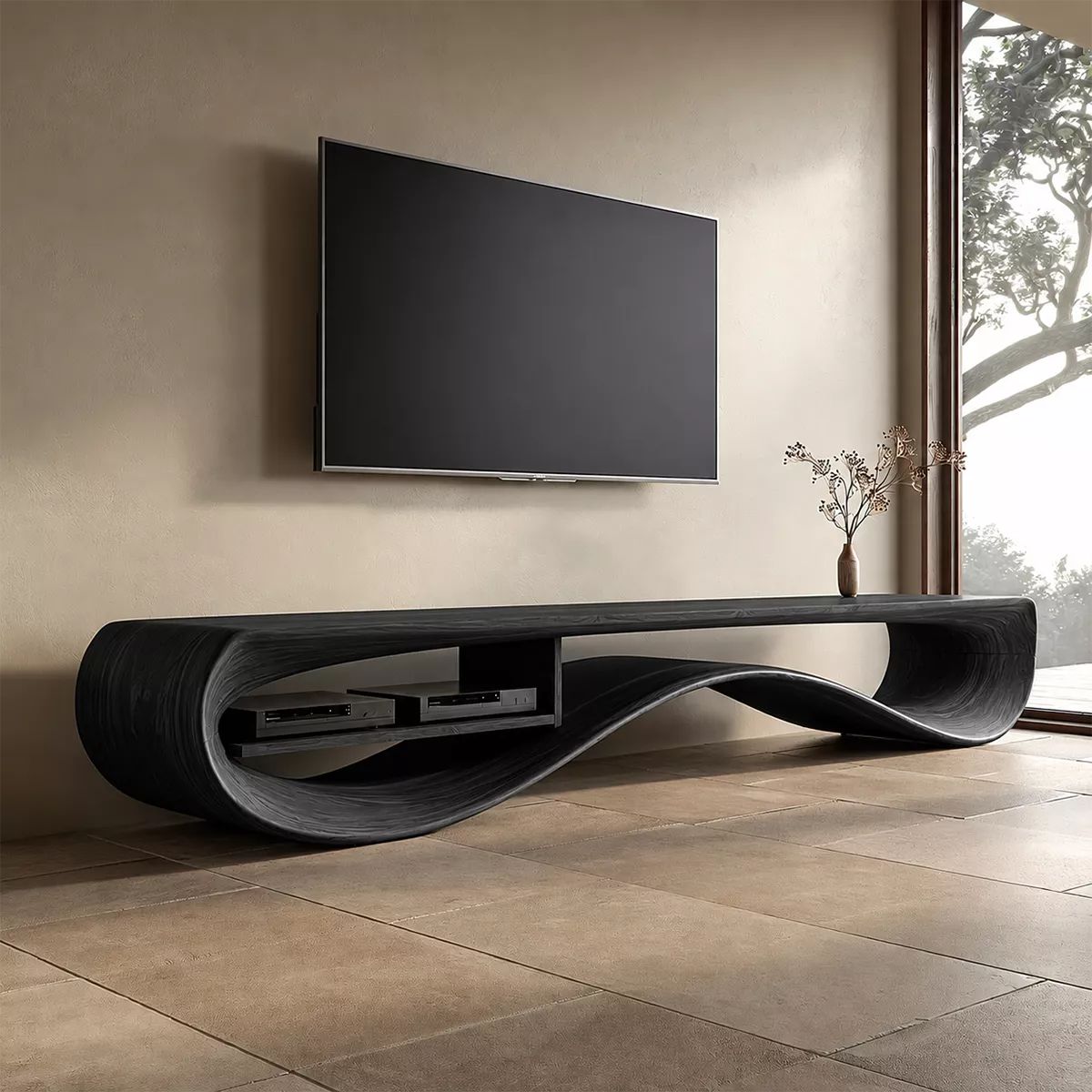 Contemporary Sculptural Wood TV Stand For Living Room