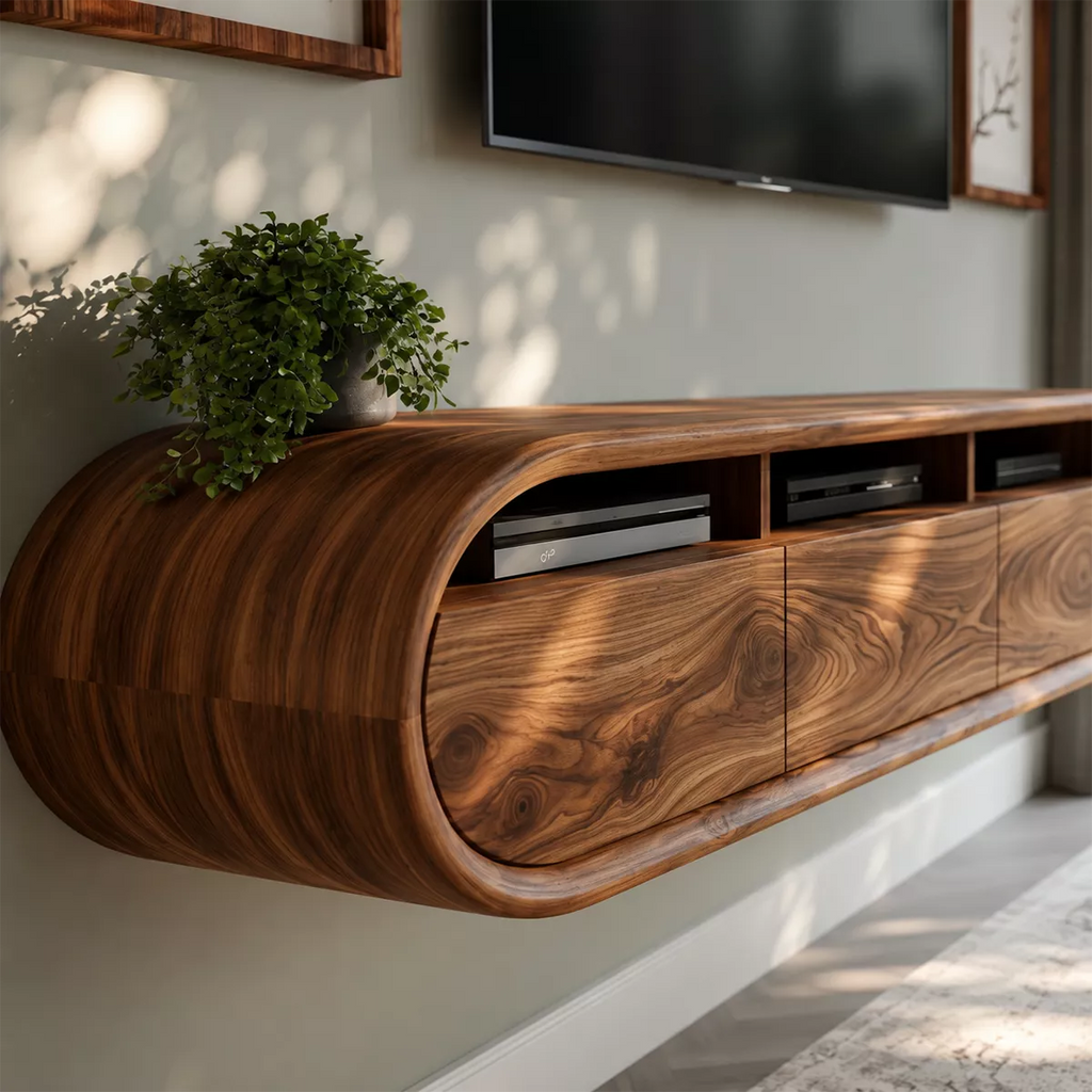 Floating Sculptural Solid Wood TV Stand With Rounded Capsule Frame And Open Media Storage For Modern Living Room