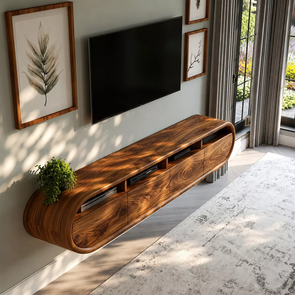 Floating Sculptural Solid Wood TV Stand With Rounded Capsule Frame And Open Media Storage For Modern Living Room