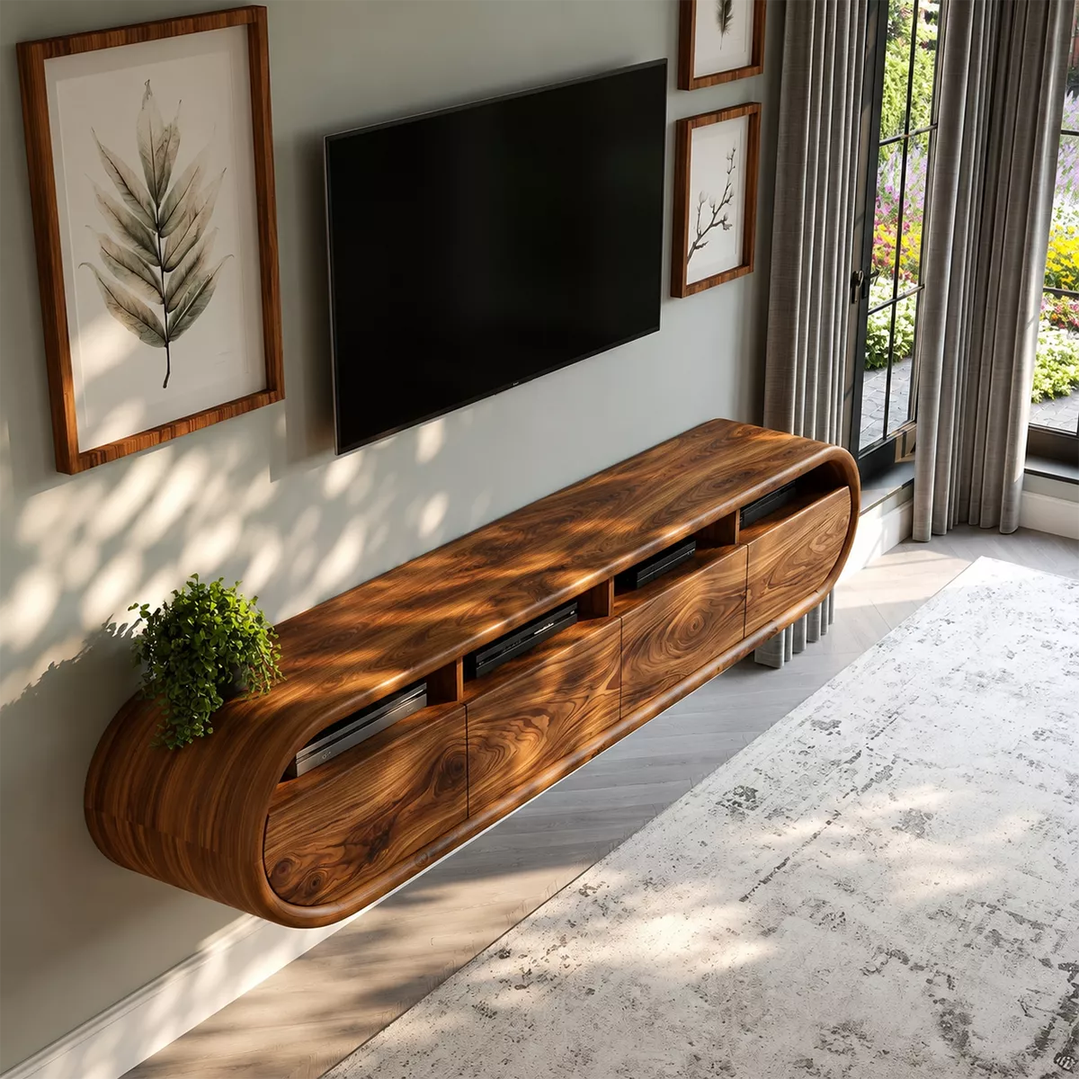 Floating Sculptural Solid Wood TV Stand With Rounded Capsule Frame And Open Media Storage For Modern Living Room