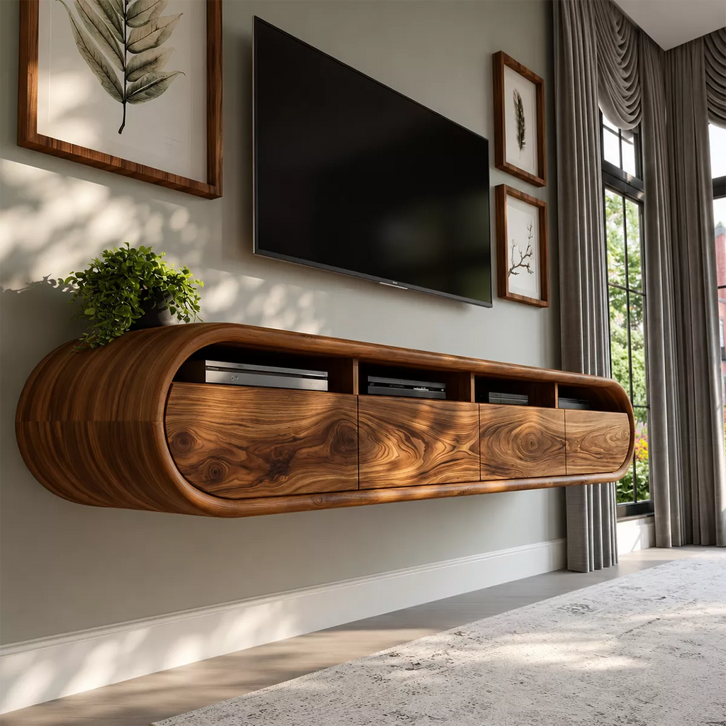 Floating Sculptural Solid Wood TV Stand With Rounded Capsule Frame And Open Media Storage For Modern Living Room