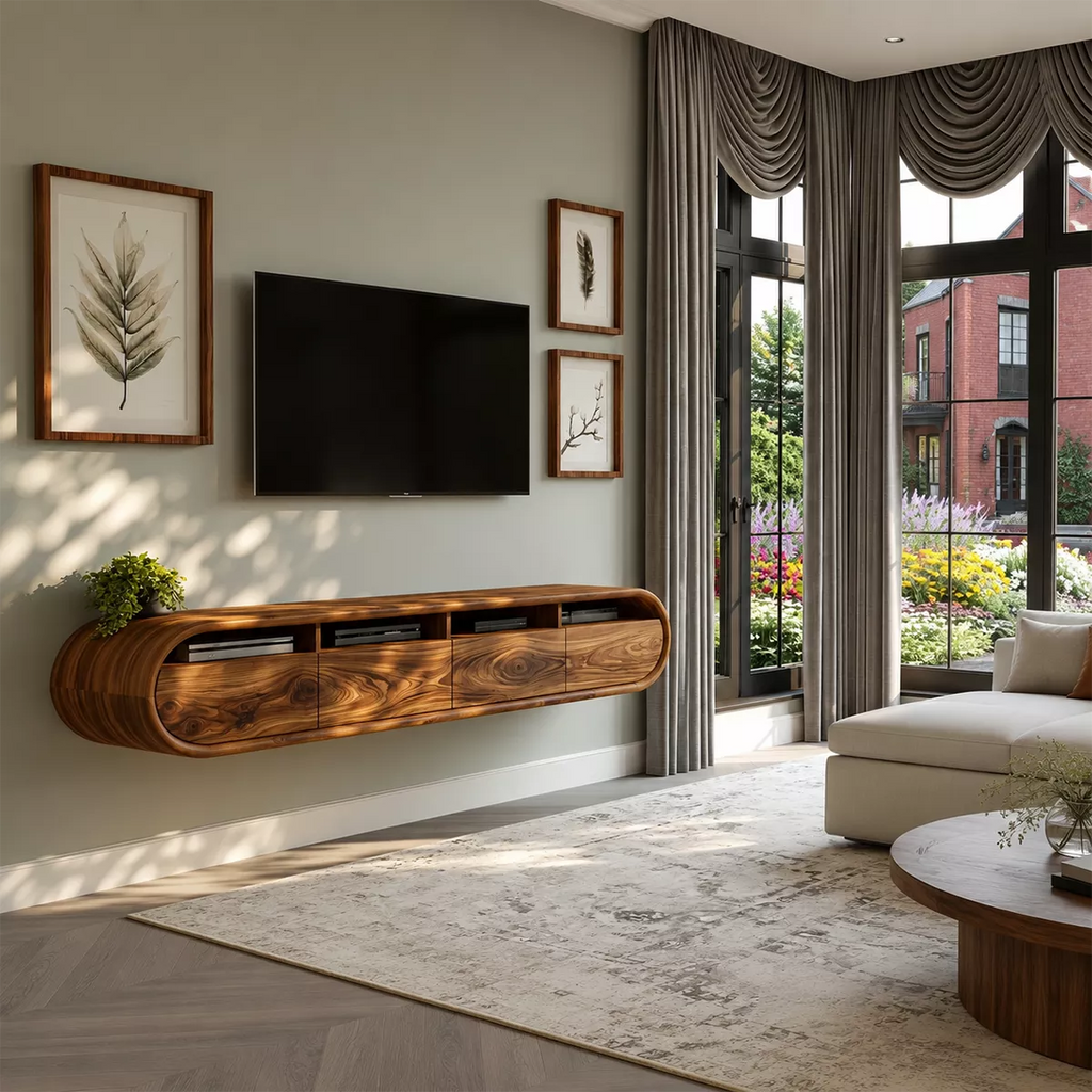 Floating Sculptural Solid Wood TV Stand With Rounded Capsule Frame And Open Media Storage For Modern Living Room
