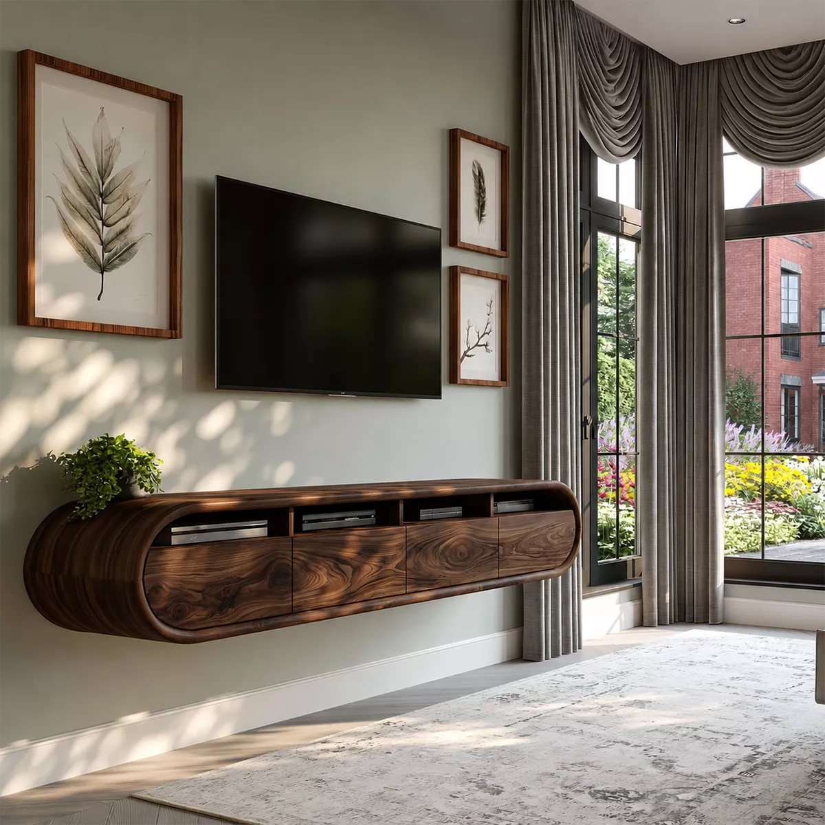 Floating Sculptural Solid Wood TV Stand With Rounded Capsule Frame And Open Media Storage For Modern Living Room
