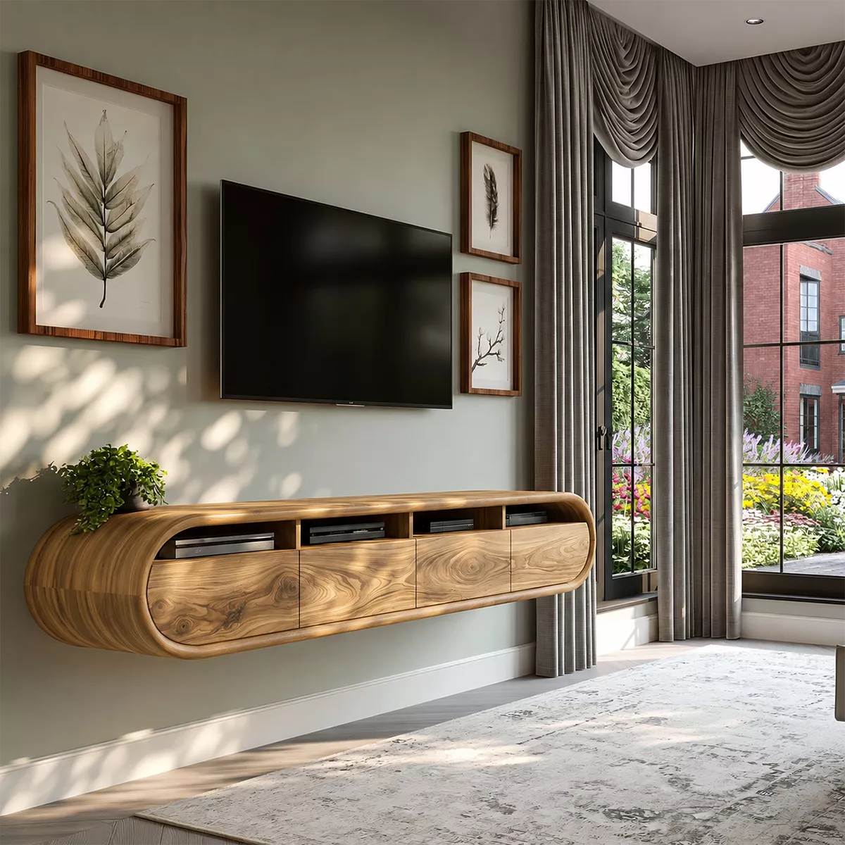 Floating Sculptural Solid Wood TV Stand With Rounded Capsule Frame And Open Media Storage For Modern Living Room