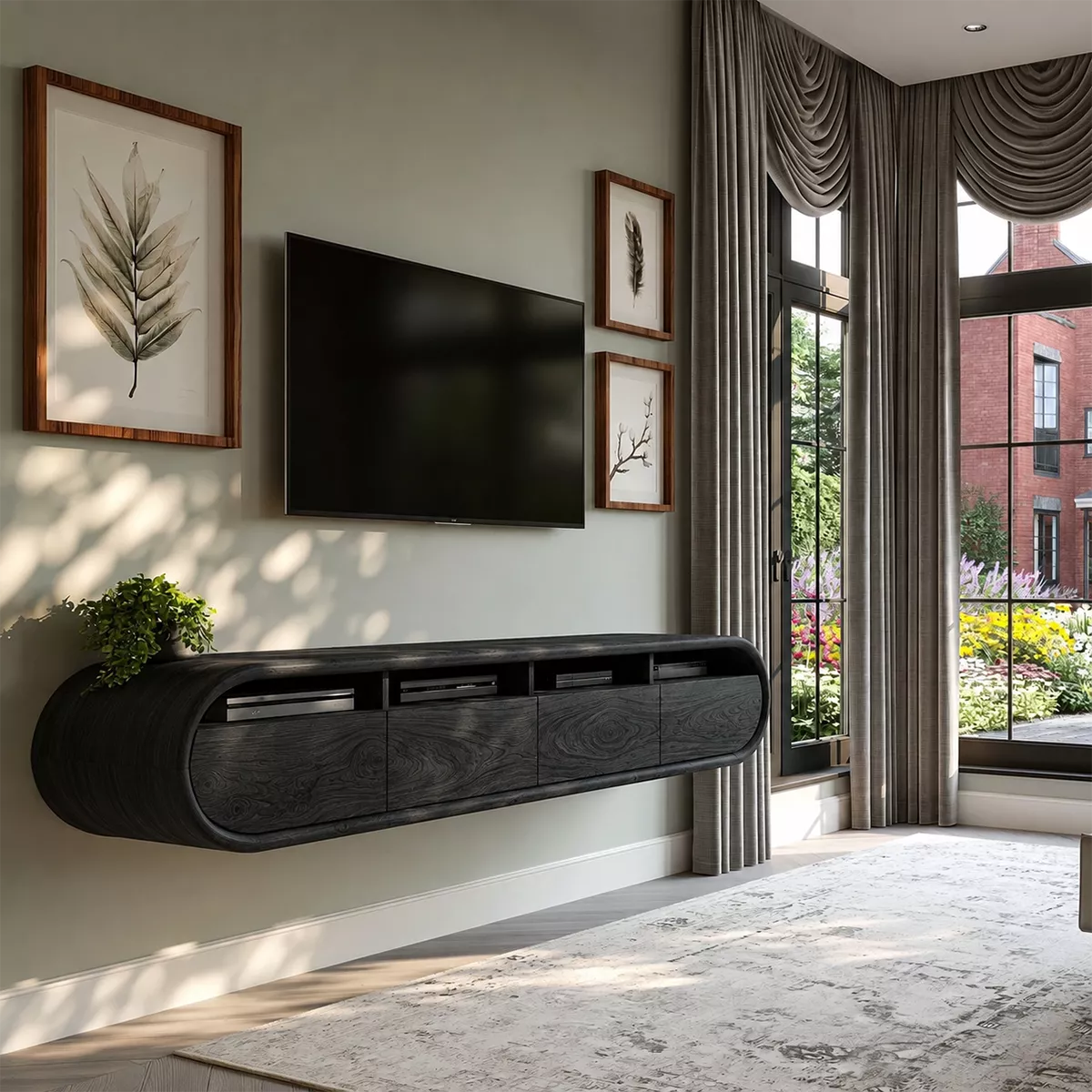 Floating Sculptural Solid Wood TV Stand With Rounded Capsule Frame And Open Media Storage For Modern Living Room