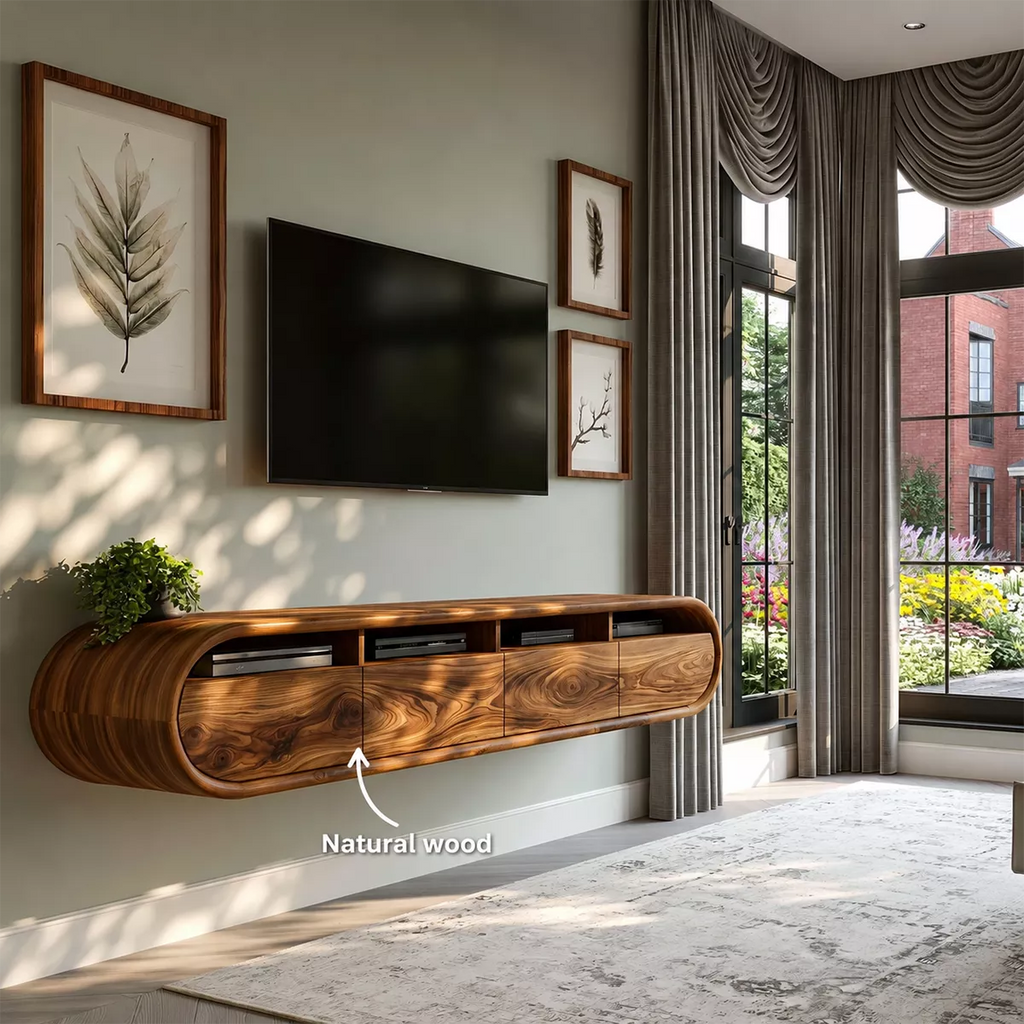 Floating Sculptural Solid Wood TV Stand With Rounded Capsule Frame And Open Media Storage For Modern Living Room