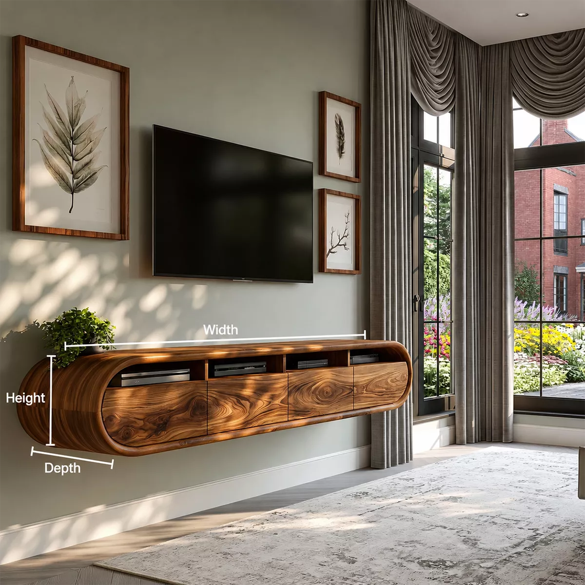 Floating Sculptural Solid Wood TV Stand With Rounded Capsule Frame And Open Media Storage For Modern Living Room