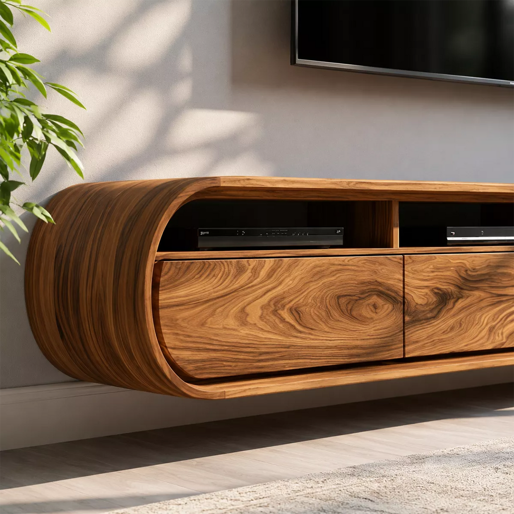 Floating Solid Wood TV Stand With Rounded Capsule Frame For Living Room