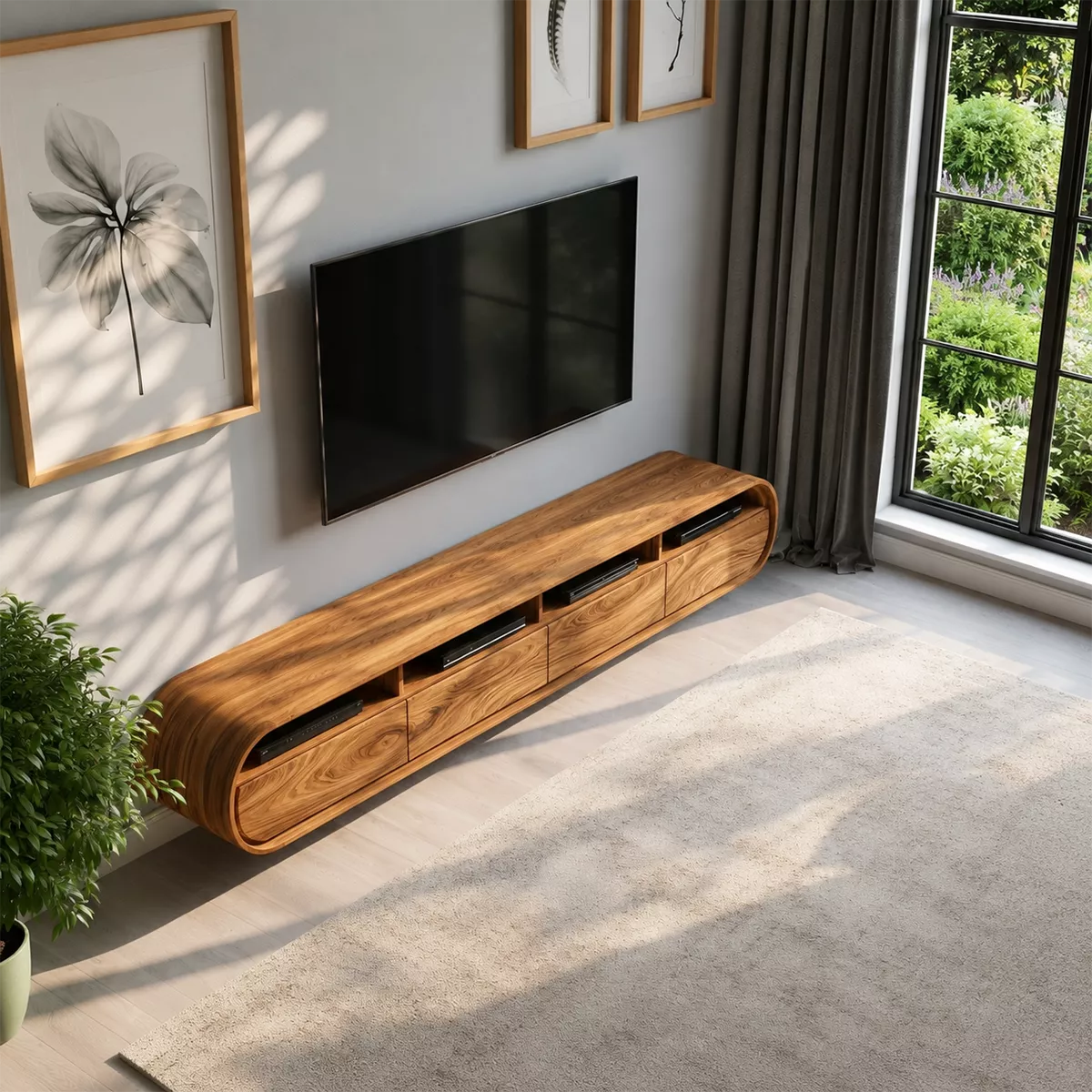 Floating Solid Wood TV Stand With Rounded Capsule Frame For Living Room