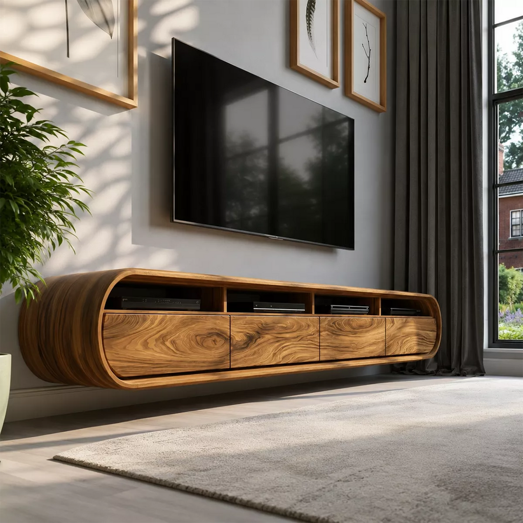 Floating Solid Wood TV Stand With Rounded Capsule Frame For Living Room