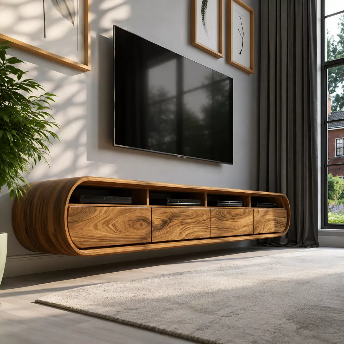 Floating Solid Wood TV Stand With Rounded Capsule Frame For Living Room