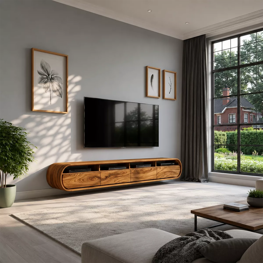 Floating Solid Wood TV Stand With Rounded Capsule Frame For Living Room
