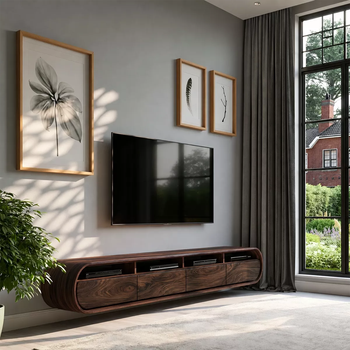 Floating Solid Wood TV Stand With Rounded Capsule Frame For Living Room