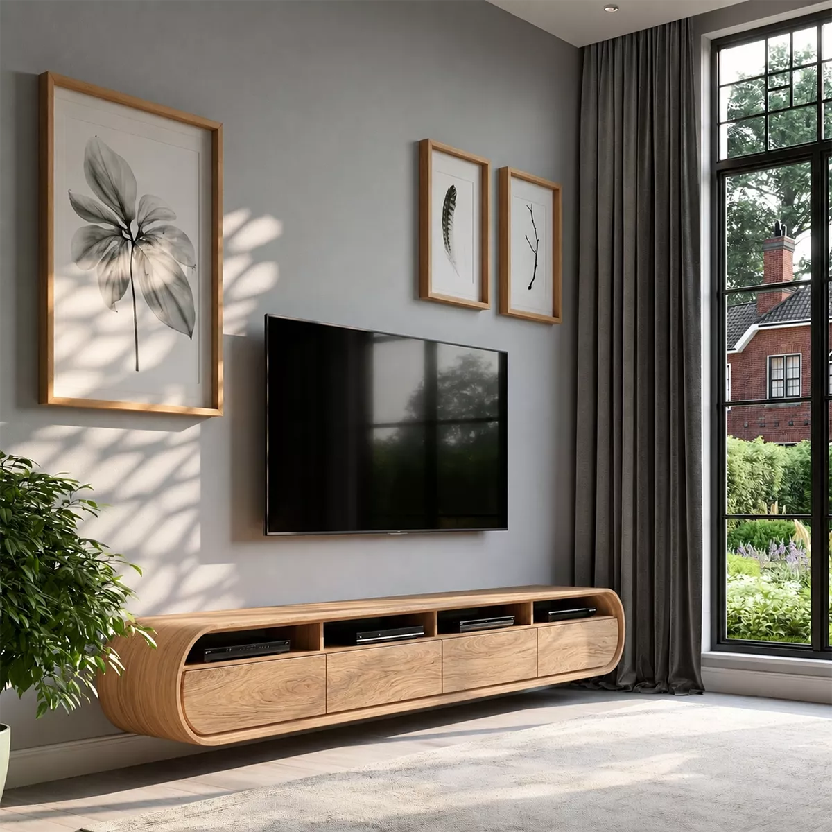 Floating Solid Wood TV Stand With Rounded Capsule Frame For Living Room